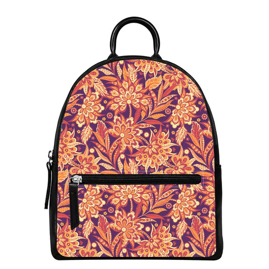 Orange Bohemian Floral Pattern Print Leather Backpack
