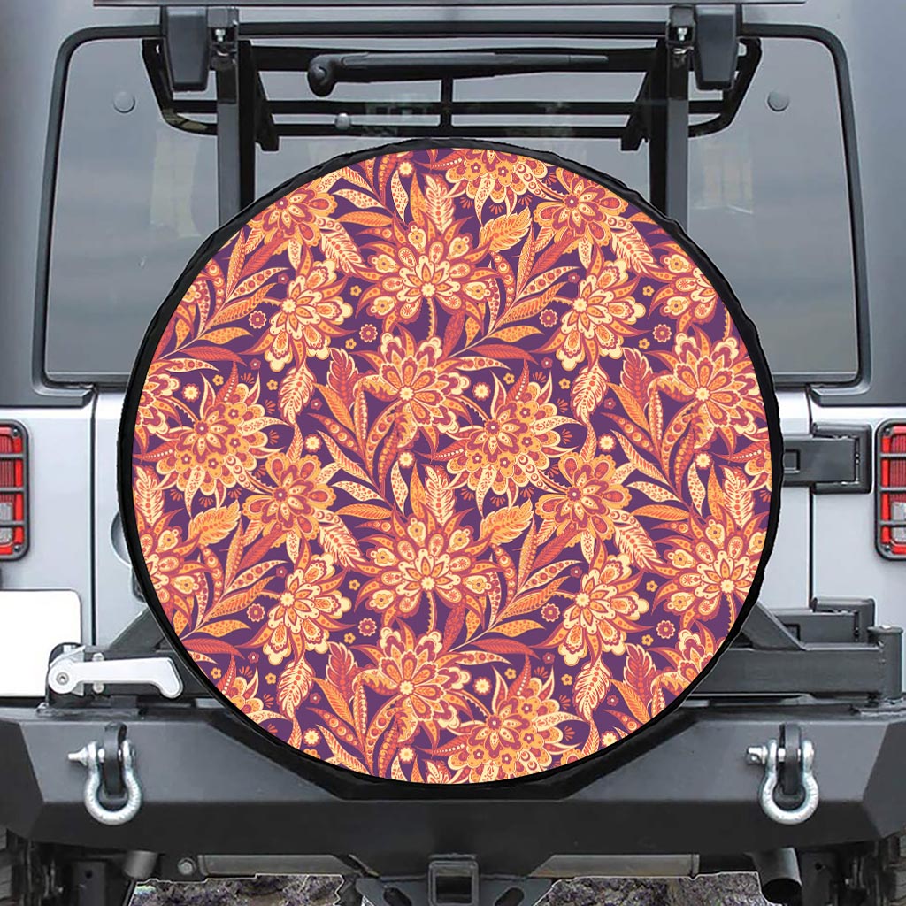 Orange Bohemian Floral Pattern Print Leather Spare Tire Cover