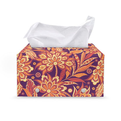 Orange Bohemian Floral Pattern Print Leather Tissue Box Cover