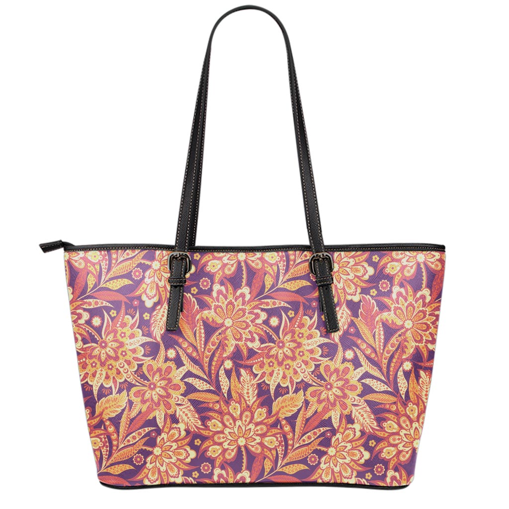 Orange Bohemian Floral Pattern Print Leather Tote Bag
