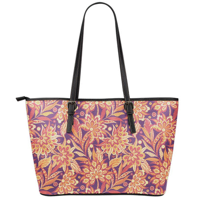 Orange Bohemian Floral Pattern Print Leather Tote Bag