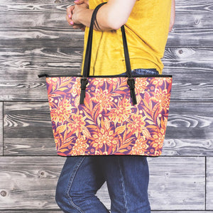 Orange Bohemian Floral Pattern Print Leather Tote Bag