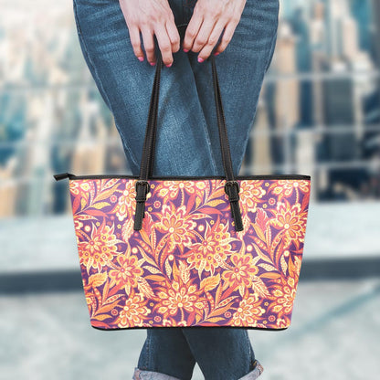 Orange Bohemian Floral Pattern Print Leather Tote Bag