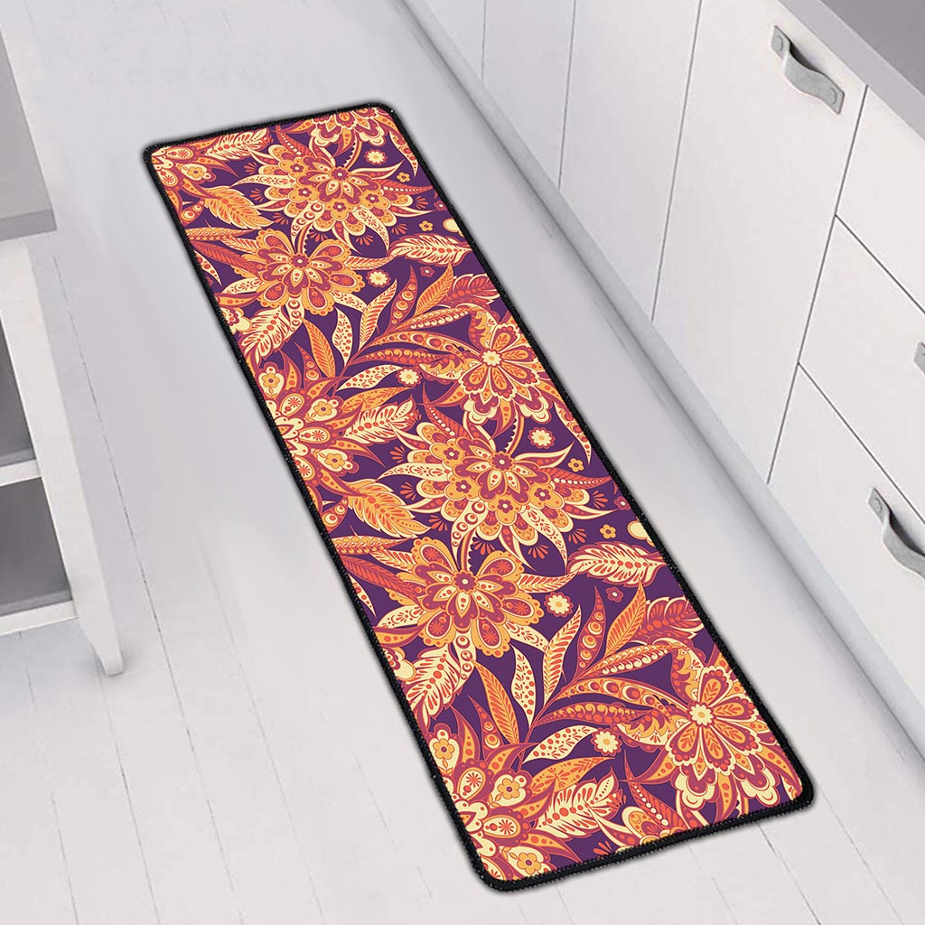 Orange Bohemian Floral Pattern Print Long Kitchen Mat