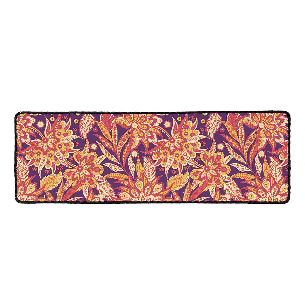 Orange Bohemian Floral Pattern Print Long Kitchen Mat