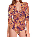 Orange Bohemian Floral Pattern Print Long Sleeve Swimsuit