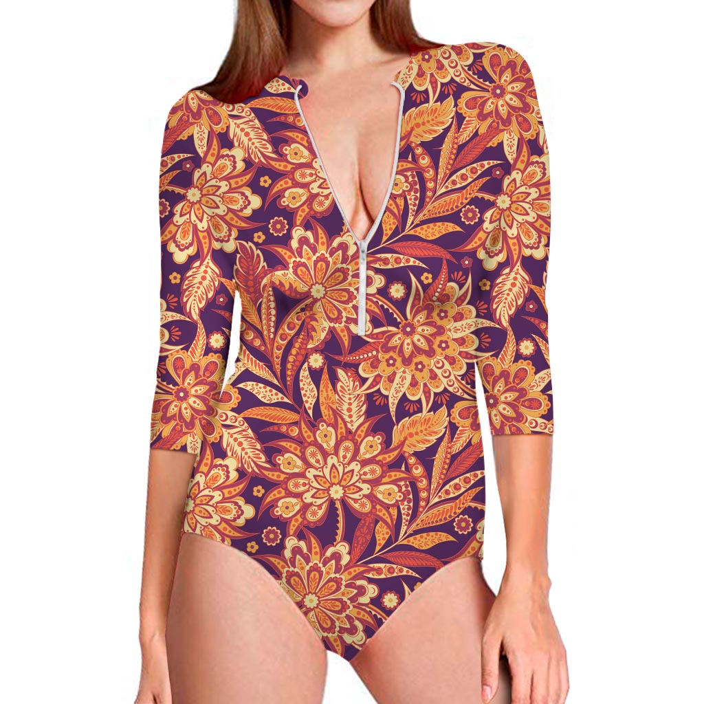 Orange Bohemian Floral Pattern Print Long Sleeve Swimsuit