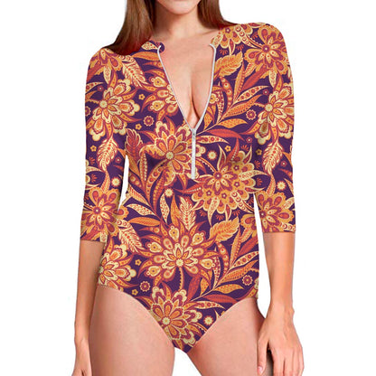 Orange Bohemian Floral Pattern Print Long Sleeve Swimsuit