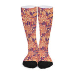 Orange Bohemian Floral Pattern Print Long Socks