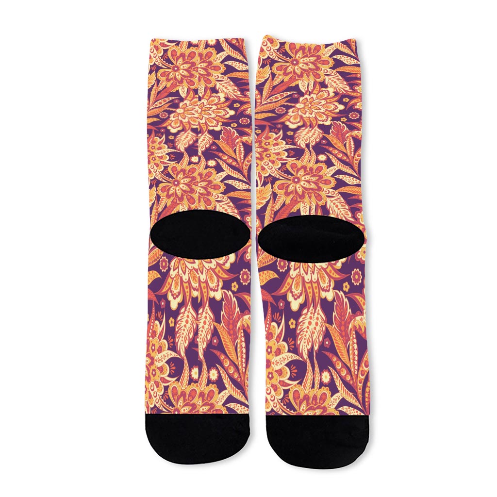 Orange Bohemian Floral Pattern Print Long Socks