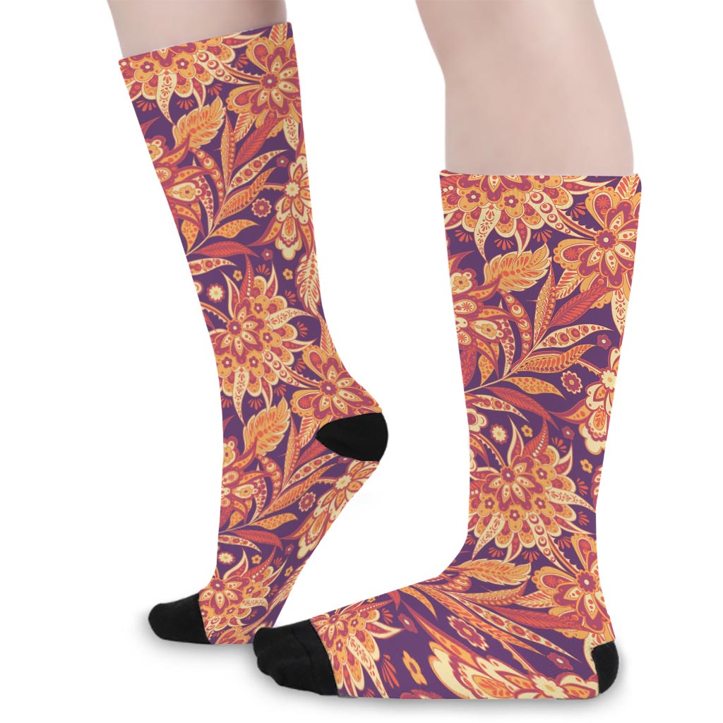 Orange Bohemian Floral Pattern Print Long Socks