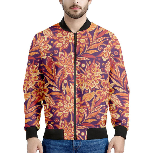 Orange Bohemian Floral Pattern Print Men's Bomber Jacket