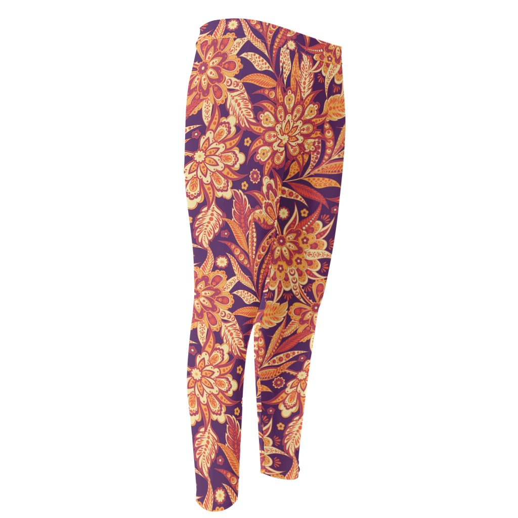 Orange Bohemian Floral Pattern Print Men's Compression Pants