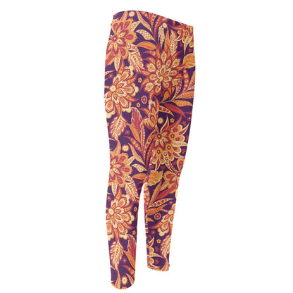 Orange Bohemian Floral Pattern Print Men's Compression Pants