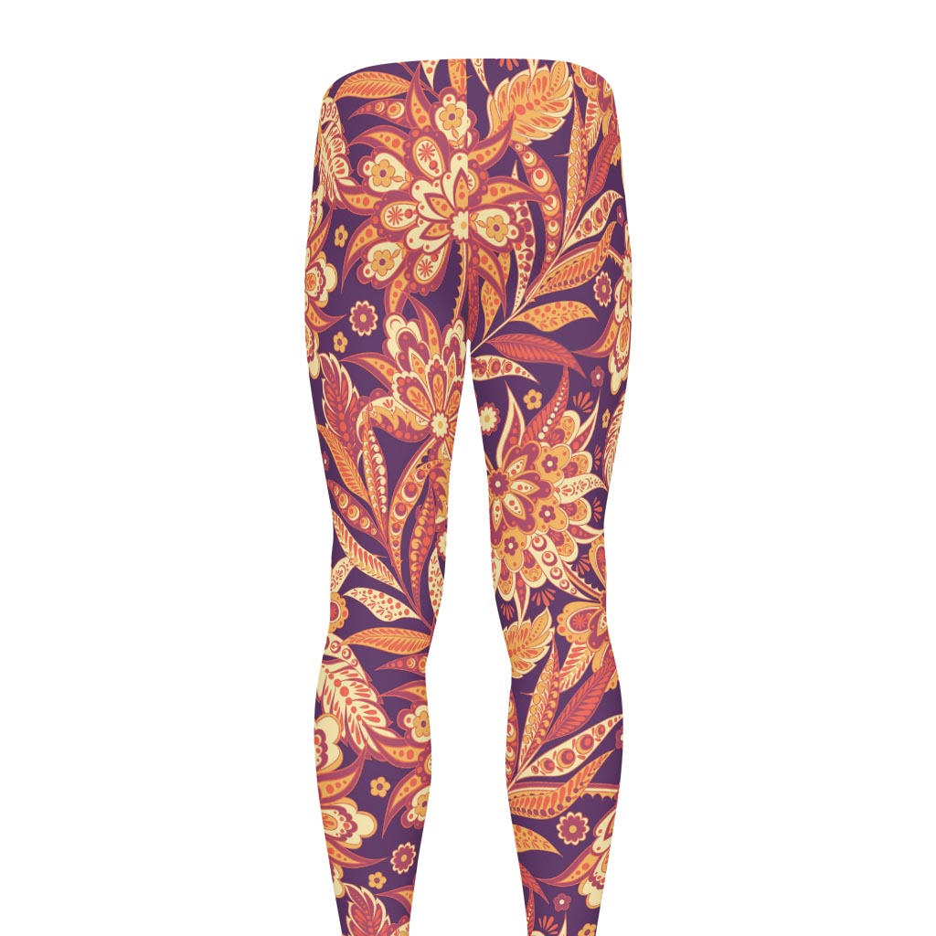 Orange Bohemian Floral Pattern Print Men's leggings