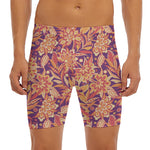 Orange Bohemian Floral Pattern Print Men's Long Boxer Briefs