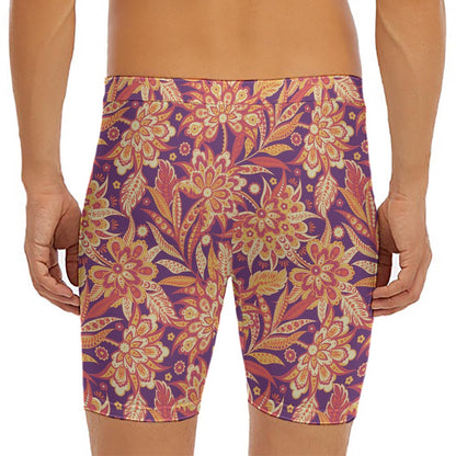 Orange Bohemian Floral Pattern Print Men's Long Boxer Briefs