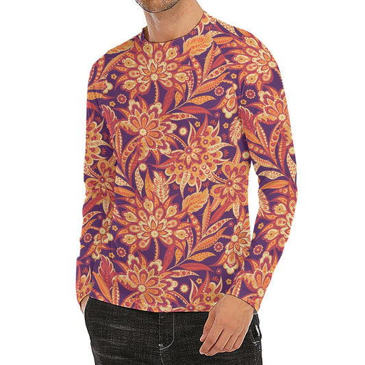 Orange Bohemian Floral Pattern Print Men's Long Sleeve Rash Guard