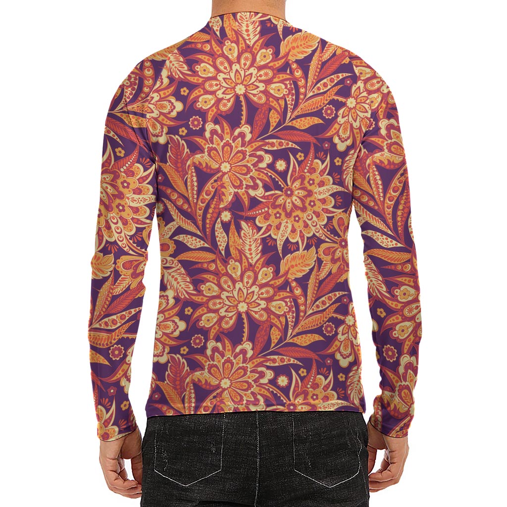 Orange Bohemian Floral Pattern Print Men's Long Sleeve Rash Guard