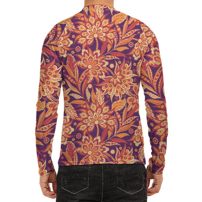 Orange Bohemian Floral Pattern Print Men's Long Sleeve Rash Guard