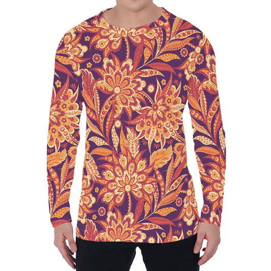 Orange Bohemian Floral Pattern Print Men's Long Sleeve T-Shirt