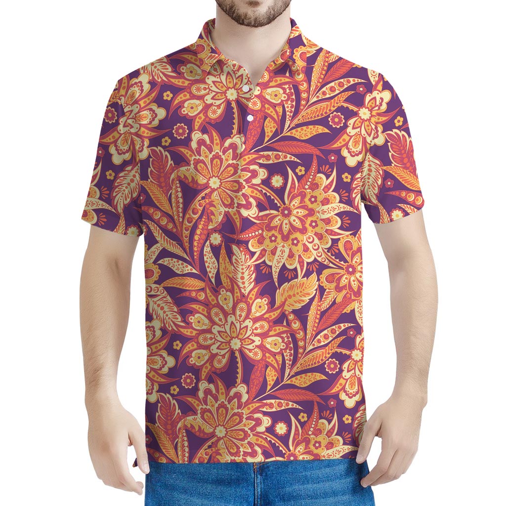 Orange Bohemian Floral Pattern Print Men's Polo Shirt