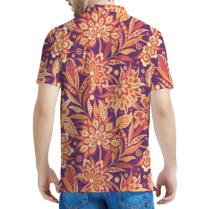 Orange Bohemian Floral Pattern Print Men's Polo Shirt