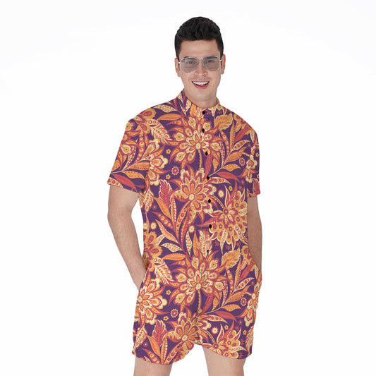 Orange Bohemian Floral Pattern Print Men's Rompers