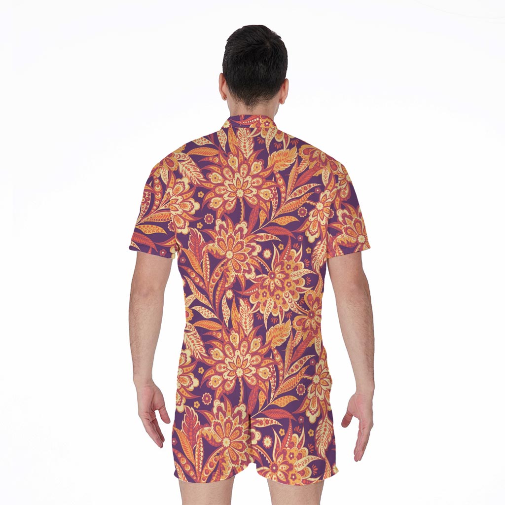 Orange Bohemian Floral Pattern Print Men's Rompers