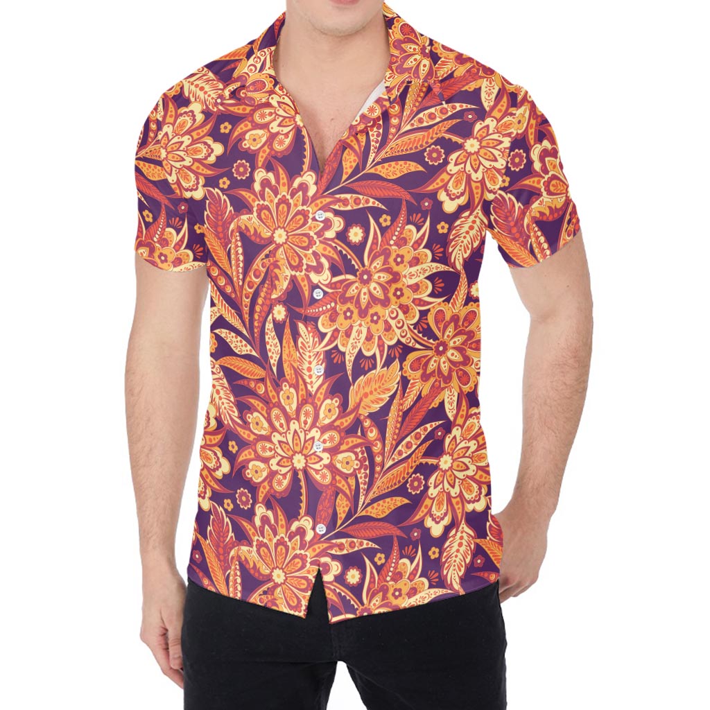 Orange Bohemian Floral Pattern Print Men's Shirt