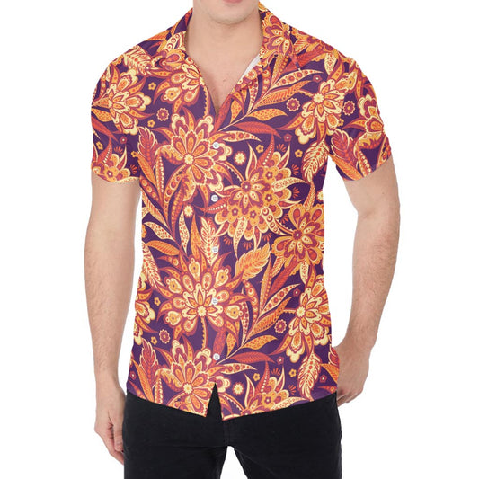 Orange Bohemian Floral Pattern Print Men's Shirt