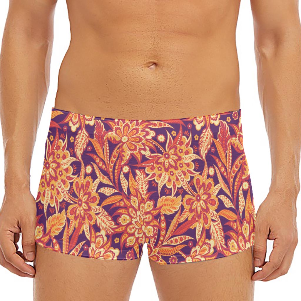 Orange Bohemian Floral Pattern Print Men's Short Boxer Briefs