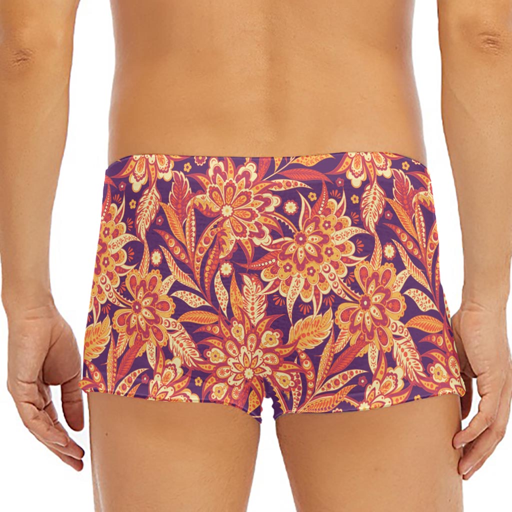 Orange Bohemian Floral Pattern Print Men's Short Boxer Briefs
