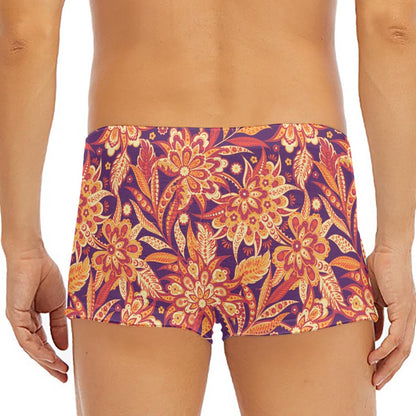 Orange Bohemian Floral Pattern Print Men's Short Boxer Briefs