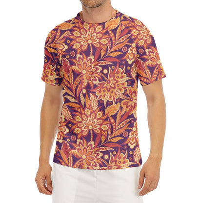 Orange Bohemian Floral Pattern Print Men's Short Sleeve Rash Guard
