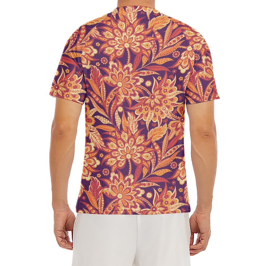Orange Bohemian Floral Pattern Print Men's Short Sleeve Rash Guard