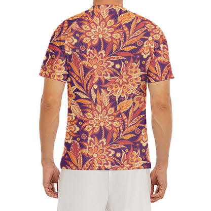 Orange Bohemian Floral Pattern Print Men's Short Sleeve Rash Guard