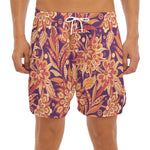 Orange Bohemian Floral Pattern Print Men's Split Running Shorts