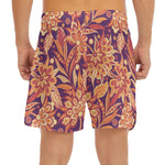 Orange Bohemian Floral Pattern Print Men's Split Running Shorts