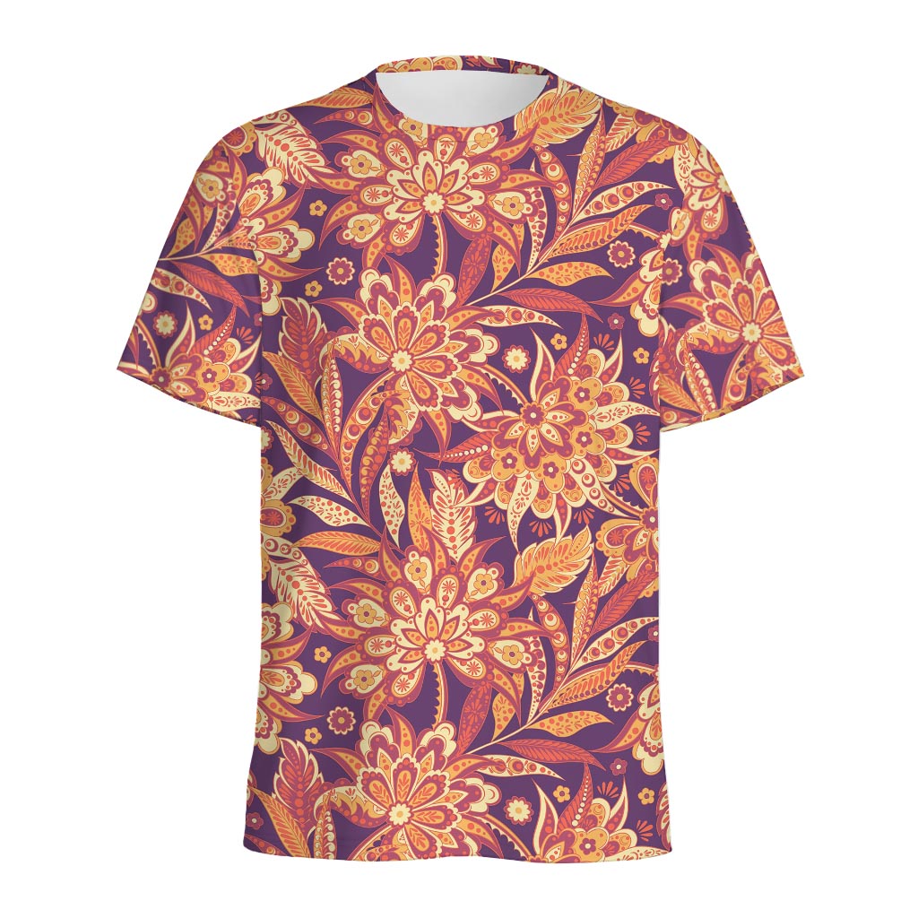 Orange Bohemian Floral Pattern Print Men's Sports T-Shirt