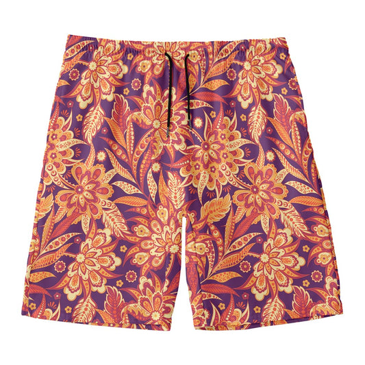 Orange Bohemian Floral Pattern Print Men's Swim Trunks