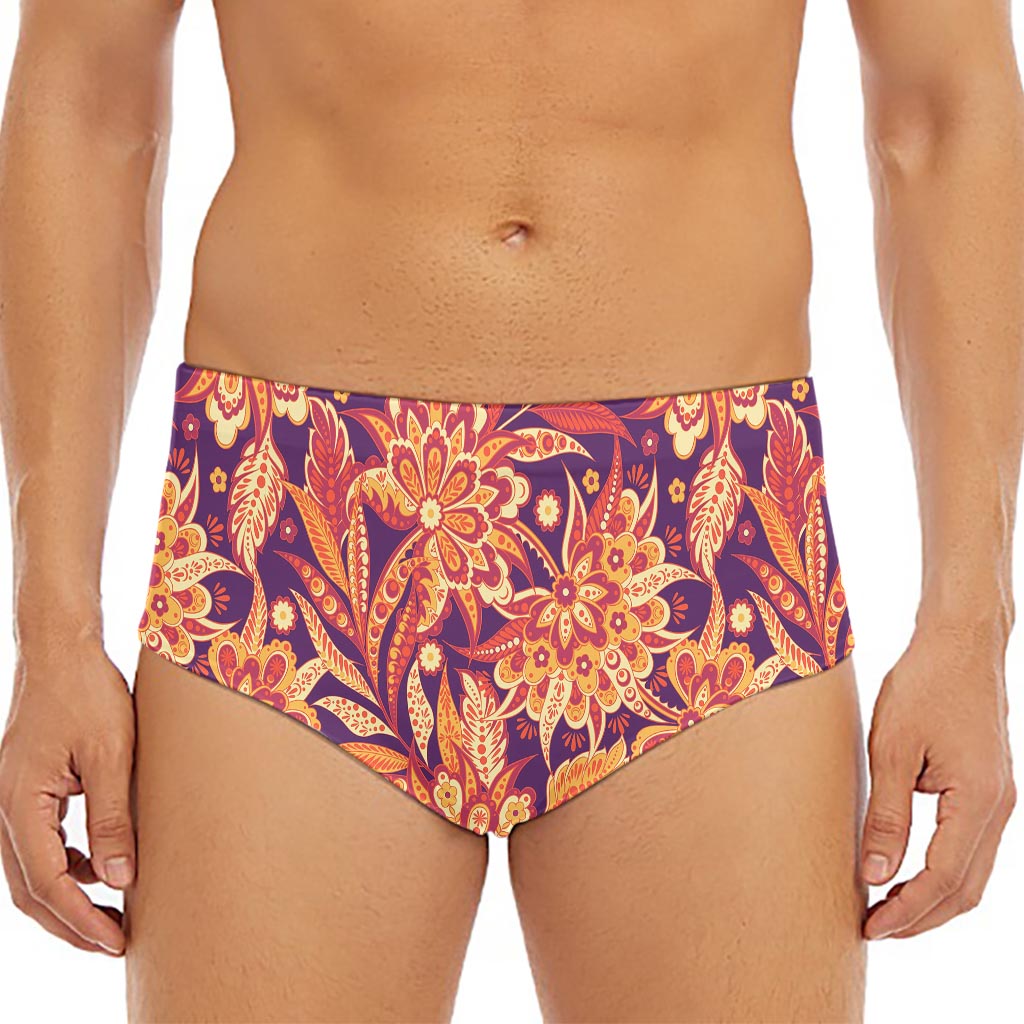 Orange Bohemian Floral Pattern Print Men's Triangle Swim Briefs