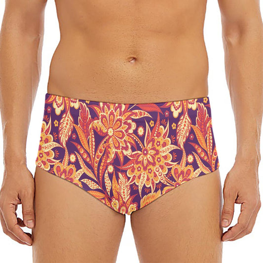 Orange Bohemian Floral Pattern Print Men's Triangle Swim Briefs
