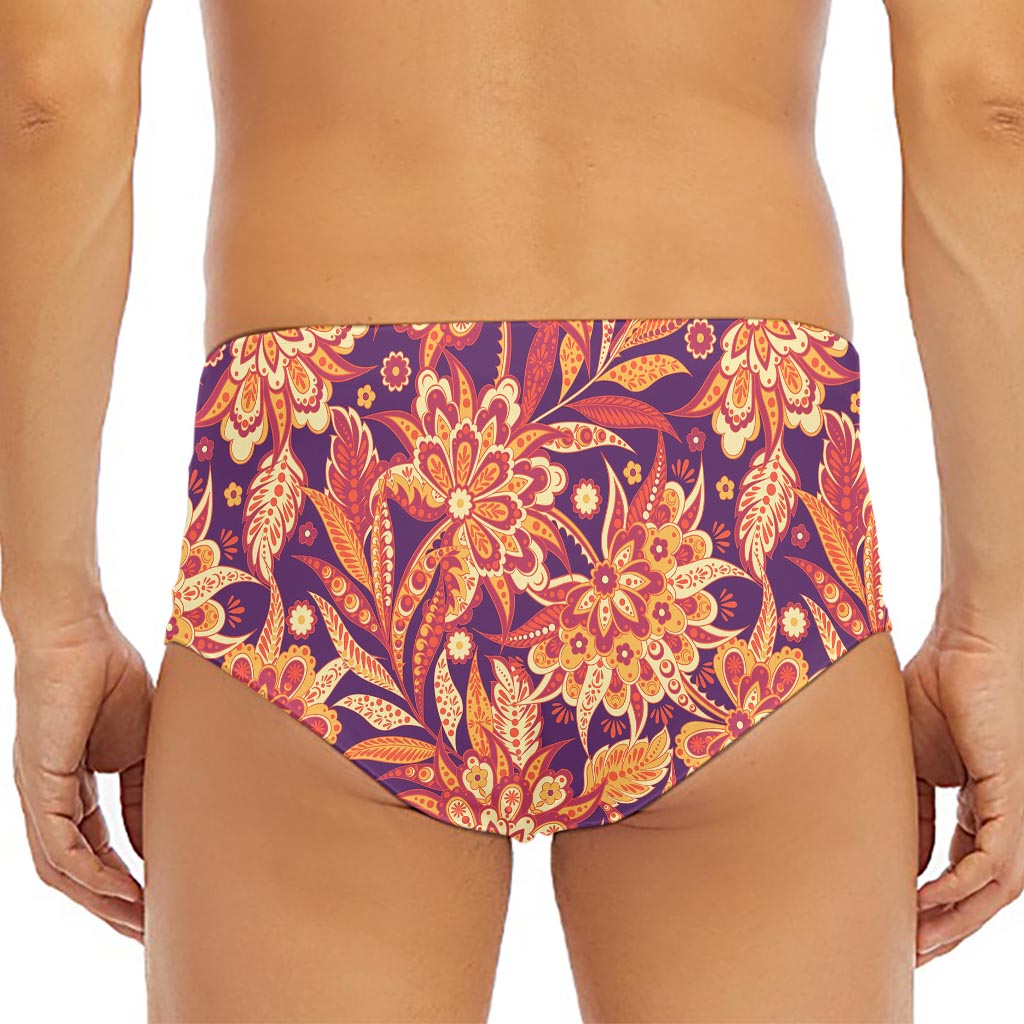 Orange Bohemian Floral Pattern Print Men's Triangle Swim Briefs