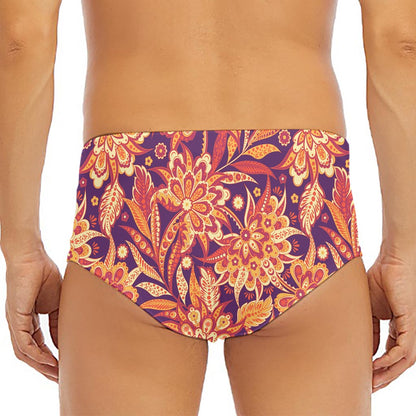 Orange Bohemian Floral Pattern Print Men's Triangle Swim Briefs