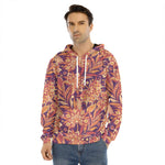 Orange Bohemian Floral Pattern Print Men's Velvet Pullover Hoodie