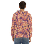 Orange Bohemian Floral Pattern Print Men's Velvet Pullover Hoodie