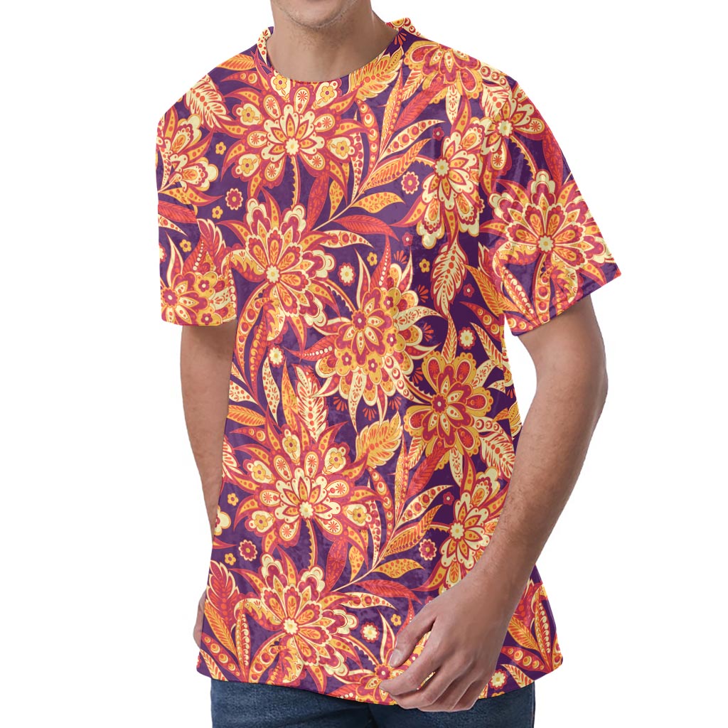 Orange Bohemian Floral Pattern Print Men's Velvet T-Shirt