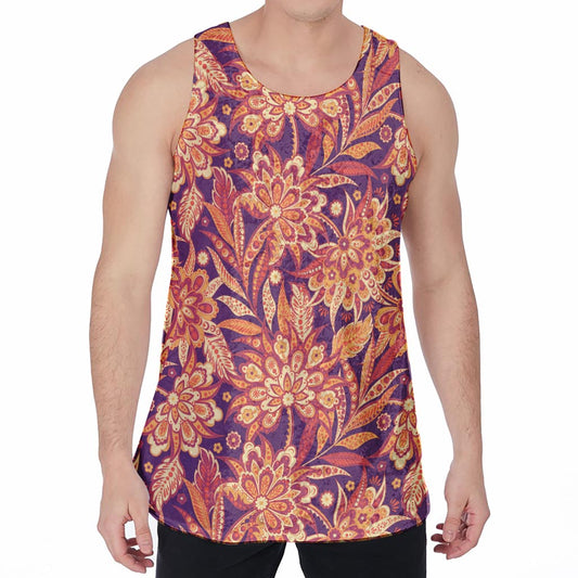 Orange Bohemian Floral Pattern Print Men's Velvet Tank Top