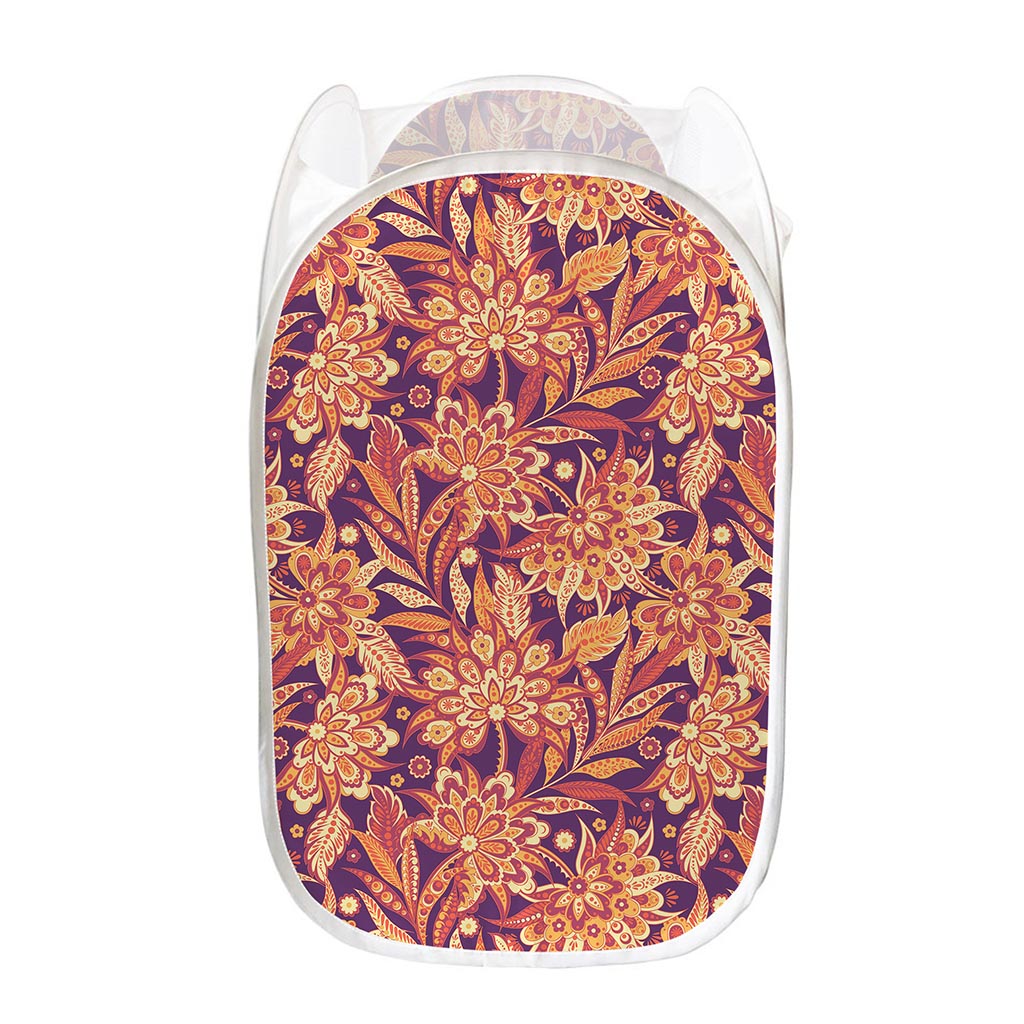 Orange Bohemian Floral Pattern Print Mesh Laundry Hamper